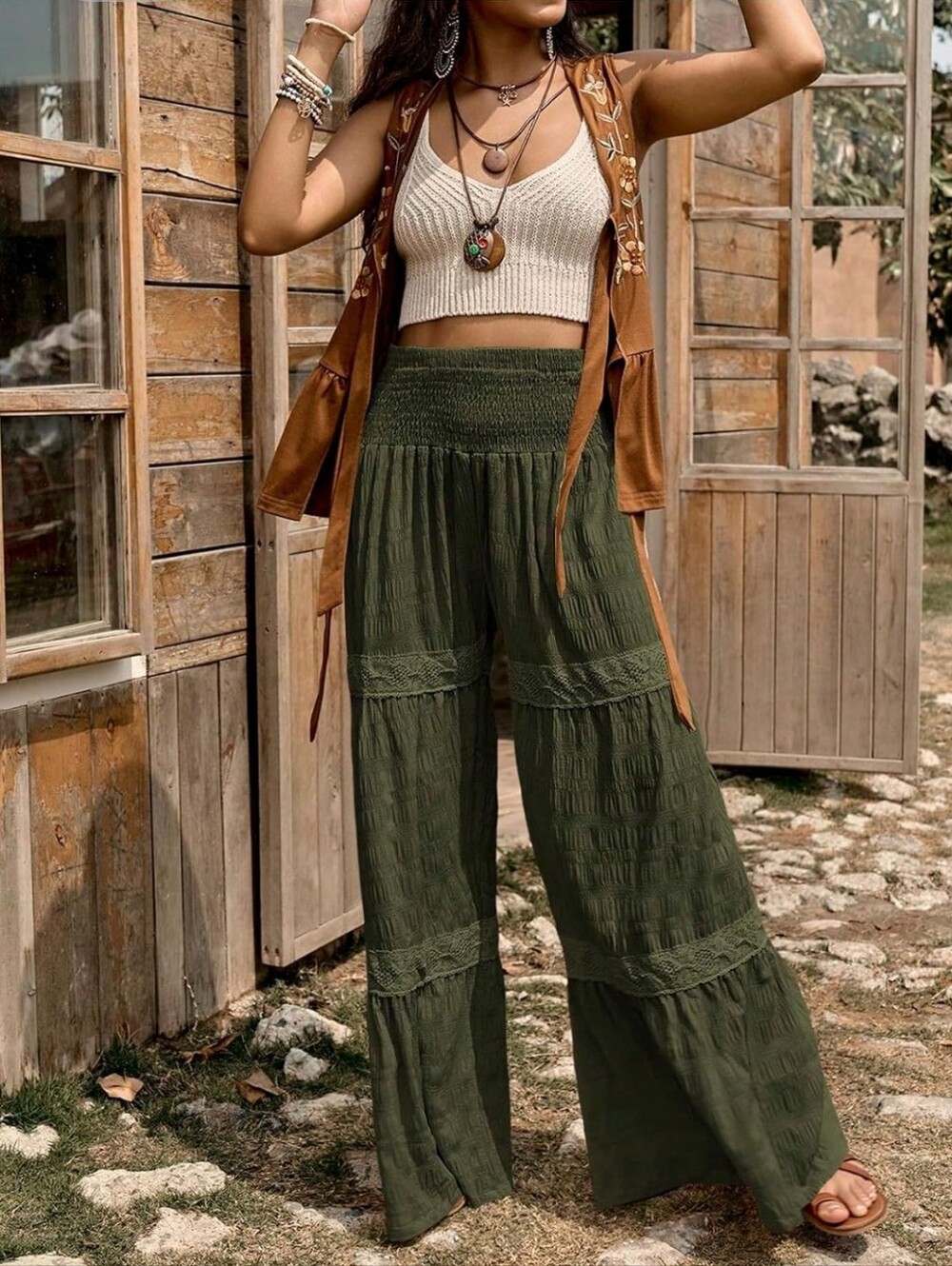 Smocked Waist Olive Green Wide-Leg Boho Pants w/Lace